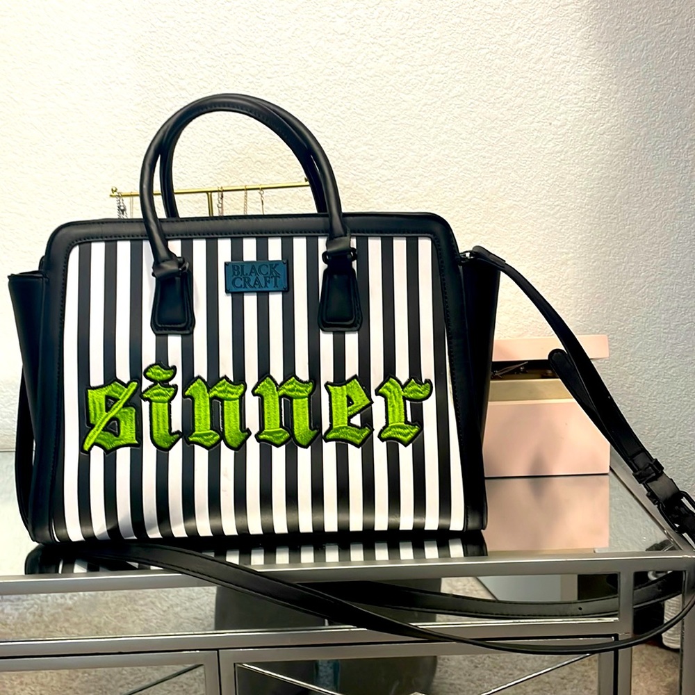 SOLD/EUC Sinner Handbag/Black Craft Cult/Black and white striped handbag/Rare